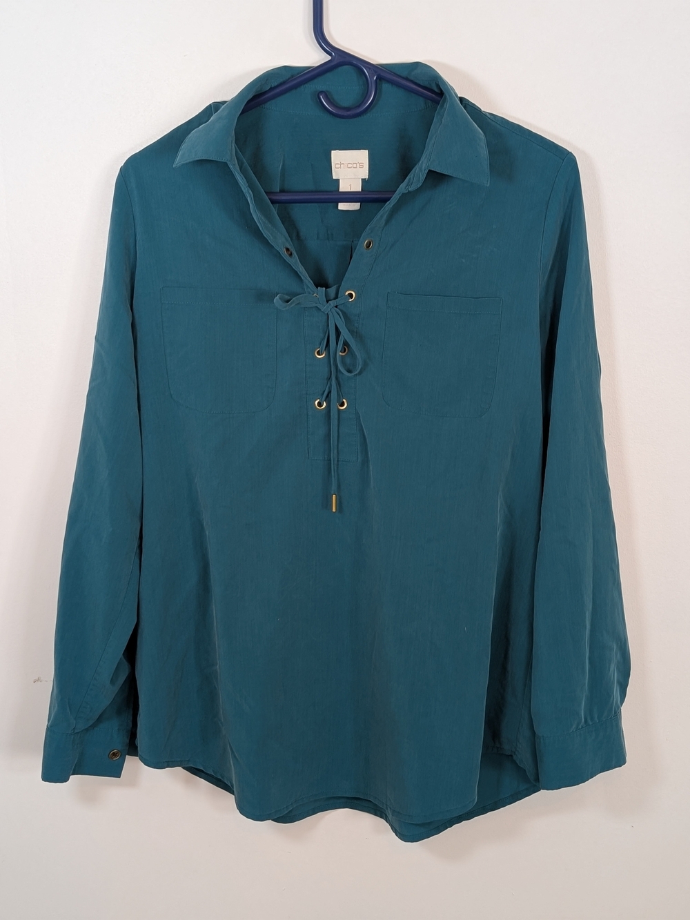 Chico's Green Teal Lace-Up Collared Long Sleeve Top